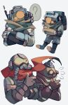  3others ? absurdres androgynous backpack bag brown_gloves chinese_commentary commentary_request covered_face cracked_helmet cropped_torso crossed_arms facing_viewer feldspar_(outer_wilds) fewer_digits full_body gloves grey_pants hatchling_(outer_wilds) hearthian helmet highres holding multiple_others multiple_views other_focus outer_wilds pants patch red_scarf riebeck_(outer_wilds) scarf si_ben_huan simple_background space_helmet upper_body white_background 