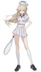  1girl absurdres blonde_hair blue_archive blue_eyes breasts commentary halo hand_on_own_hip highres long_hair looking_at_viewer medium_breasts midriff_peek nozik_1111 one_side_up pleated_skirt racket shirt short_sleeves skirt socks sportswear tennis_racket tennis_uniform toki_(blue_archive) very_long_hair white_shirt white_socks 