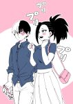  1boy 1girl :d absurdres ayuhata_toba bag blue_shirt blush boku_no_hero_academia breasts bubble_tea burn_scar closed_mouth collared_shirt commentary_request couple cowboy_shot cup dating disposable_cup drinking_straw expressionless hair_between_eyes hand_in_pocket handbag hands_up hetero highres holding holding_cup large_breasts looking_at_another multicolored_hair open_mouth pants partially_colored pink_bag pleated_skirt scar scar_on_face shirt shoulder_bag skirt sleeves_rolled_up smile sound_effects todoroki_shoto translation_request turtleneck turtleneck_shirt two-tone_hair white_pants white_skirt wide_ponytail yaoyorozu_momo 