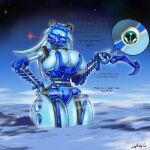  2022 absurd_res annoyed armor big_breasts biomechanical bionicle blue_armor blue_body blue_hair blue_mask blue_skin blue_visor breast_squish breasts cloud dialogue diving_mask english_text female gali hair hi_res horizon huge_breasts humanoid island la_potato landscape_dwarfing lego looking_at_viewer machine macro mask not_furry robot sea signature small_waist solo squish star text thick_thighs toa unconvincing_armor visor water white_eyes wide_hips zoom_in 