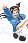  1girl :d black_hair blue_hoodie blurry blurry_foreground blush bracelet commentary_request cube_hair_ornament floating_hair grey_eyes hair_ornament happy highres hood hoodie jewelry leggings lida_(pokemon) long_hair long_sleeves open_mouth outstretched_arm pippie_an pokemon pokemon_legends:_z-a ribbed_socks shoes smile socks solo spread_fingers teeth topknot upper_teeth_only white_leggings white_shoes white_socks 
