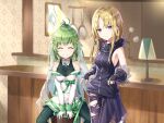  2girls ^_^ anna_mel arm_warmers bare_shoulders blonde_hair bodysuit bodysuit_under_clothes bow breasts brooch closed_eyes closed_mouth coat cropped_legs dappled_sunlight day desk_lamp detached_collar dot_nose dress frilled_arm_warmers frilled_scarf frills game_asset gloves green_bodysuit green_bow green_eyes grin hair_ornament hairclip happy high_ponytail indoors jacket jewelry lamp leaning_back light_blush long_hair long_sleeves looking_at_viewer magia_record:_mahou_shoujo_madoka_magica_gaiden magical_girl mahou_shoujo_madoka_magica medium_breasts multiple_girls official_art on_stool pantyhose parted_bangs pocket ponytail purple_arm_warmers purple_eyes purple_jacket purple_pantyhose purple_sandals purple_scarf rin_yuu sandals scarf see-through_clothes see-through_veil sideboob sidelocks sitting sleeveless sleeveless_bodysuit sleeveless_jacket smile standing star_(symbol) stirrup_legwear stool straight_hair sunlight tile_floor tiles toeless_legwear torn_clothes torn_pantyhose veil waist_bow white_coat white_dress white_gloves white_veil window yukino_kanae zipper 