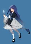  1girl absurdres black_dress black_shoes blue_background blue_bow blue_hair bow cat_tail cicococo dress empty_eyes frederica_bernkastel frilled_thighhighs frills highres layered_dress long_hair long_sleeves looking_at_viewer purple_eyes shards shoes sidelocks simple_background solo tail tail_bow tail_ornament thighhighs umineko_no_naku_koro_ni white_dress white_thighhighs wide_sleeves 