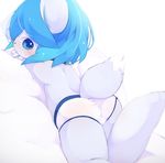  aoino blue_eyes blue_hair blush briefs butt canine clothing cub fox hair looking_back lying male mammal on_front simple_background solo underwear young 