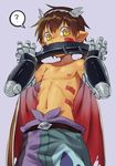  android brown_hair cape cr72 facial_mark grey_background looking_at_viewer made_in_abyss male_focus nipples pointy_ears regu_(made_in_abyss) shirtless short_hair simple_background thick_eyebrows yellow_eyes 
