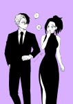 1boy 1girl absurdres alternate_costume arm_at_side ayuhata_toba bare_arms blush boku_no_hero_academia collared_shirt commentary_request couple covering_own_mouth dress feet_out_of_frame formal_clothes gentleman greyscale_with_colored_background hand_in_pocket hand_over_own_mouth hand_up hetero highres jacket looking_at_another motion_lines multicolored_hair necktie notice_lines pants ponytail purple_background shirt short_hair side_slit simple_background sleeveless sleeveless_dress speech_bubble standing suit suit_jacket todoroki_shoto translation_request two-tone_hair very_short_hair yaoyorozu_momo 