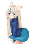  1girl ahoge alternate_costume animal_ear_fluff animal_ears bikini bikini_under_clothes blonde_hair blue_eyes blue_hoodie blue_streaks blush cat_ears closed_mouth commentary cowboy_shot dot_mouth dot_nose double-parted_bangs drawstring fins fish_girl fish_tail from_side g_da hair_intakes highres hood hood_down hoodie indie_virtual_youtuber long_hair long_sleeves looking_at_viewer looking_to_the_side loose_hair_strand multicolored_hair pulling_own_clothes sameko_saba sidelocks simple_background solo standing streaked_hair striped_bikini striped_clothes swimsuit tail tied_drawstring two-tone_hair untranslatable_commentary very_long_hair virtual_youtuber white_background white_streaks 