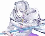  1girl bodysuit braid cape commentary_request crystal_sword emilia_(re:zero) flower hair_flower hair_ornament hood hood_down hooded_cape long_sleeves looking_at_viewer purple_bodysuit purple_eyes re:zero_kara_hajimeru_isekai_seikatsu sidelocks simple_background solo sword t26_ry upper_body weapon white_background white_cape white_hair 