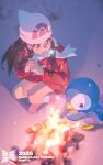  1girl beanie blue_eyes blue_hair boots burnt campfire commentary dawn_(pokemon) demonqz7 fire hair_ornament happy hat highres interlocked_fingers jacket long_hair multiple_drawing_challenge open_mouth own_hands_together pink_boots piplup pokemon pokemon_(creature) red_jacket scarf smile socks squatting white_hat white_socks 