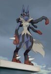  absurdres black_fur blue_fur body_fur clothed_pokemon commentary_request furry furry_male gatoxux highres korean_commentary lucario mega_lucario mega_pokemon multicolored_fur other_focus pokemon pokemon_(creature) pokemon_x_and_y red_fur spikes yellow_fur 