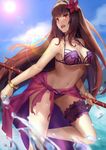  bikini blush bracelet breasts cleavage fate/grand_order fate_(series) flower gae_bolg hair_flower hair_ornament highres jewelry large_breasts long_hair luobo_carrot open_mouth polearm purple_bikini purple_hair purple_sarong red_eyes sarong scathach_(fate)_(all) scathach_(swimsuit_assassin)_(fate) solo spear swimsuit thigh_strap very_long_hair water weapon 