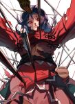  1girl absurdres ametonalu arrow_(projectile) arrow_in_body blood blood_from_mouth breasts commentary_request hat hat_ornament highres jiangshi large_breasts looking_at_viewer miyako_yoshika newsboy_cap ofuda open_mouth outstretched_arms purple_hair purple_hat red_eyes red_shirt red_skirt shirt simple_background skirt solo torn_clothes torn_shirt touhou underboob white_background zombie_pose 