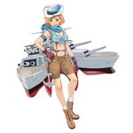  aircraft airplane anchor biplane blonde_hair blue_scarf boots breasts brown_shorts cannon cleavage cowboy_hat crop_top front-tie_top gloves green_eyes hand_on_hip hat houston_(victory_belles) large_breasts looking_at_viewer machinery midriff navel official_art open_mouth salmon88 scarf short_hair shorts simple_background solo turret victory_belles white_background 