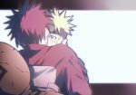  2boys black_border blonde_hair blue_eyes blush border commentary_request facial_mark forehead_protector french_kiss gaara_(naruto) gourd hand_on_another's_cheek hand_on_another's_face highres kiss konohagakure_symbol korean_commentary male_focus mikibashi multiple_boys naruto_(series) outside_border red_hair short_hair spiked_hair uzumaki_naruto whisker_markings white_background 