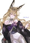  1girl absurdres animal_ear_fluff animal_ears arknights bare_shoulders black_jacket blonde_hair breasts chinese_commentary commentary_request cowboy_shot flower fox_ears highres jacket japanese_clothes jsnttzzj kimono long_hair looking_at_viewer off_shoulder official_alternate_costume open_mouth simple_background smile solo vulpisfoglia_(arknights) vulpisfoglia_(out_of_focus)_(arknights) white_background yellow_eyes 