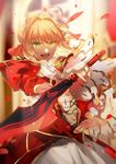  :d aestus_estus ahoge blonde_hair epaulettes fate/extra fate_(series) green_hair hair_intakes highres looking_at_viewer nero_claudius_(fate) nero_claudius_(fate)_(all) no-kan open_mouth smile sword v-shaped_eyebrows weapon 
