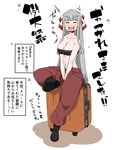  bandeau blush breasts closed_eyes collarbone esperanto fujiwara_no_mokou grey_hair hair_ornament hair_ribbon highres jumpsuit large_breasts midriff navel open_mouth ribbon simple_background sitting smile solo takeu tied_jumpsuit touhou translation_request white_background 
