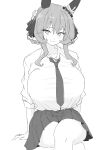  1girl absurdres alternate_costume animal_ears braid braided_hair_rings closed_mouth collarbone collared_shirt commentary_request ear_covers ear_ornament gentildonna_(umamusume) hair_rings heart-shaped_ornament heart_ear_ornament highres horse_ears horse_girl looking_at_viewer necktie pleated_skirt shirt simple_background skirt smile solo takapachi.jp umamusume white_background 