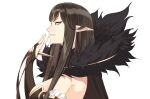 1girl absurdres bare_shoulders black_collar bridal_gauntlets brown_eyes brown_hair brown_ribbon collar commentary detached_sleeves english_commentary fate/grand_order fate_(series) frilled_sleeves frills from_side fudayasa fur_collar hand_up highres long_sidelocks looking_at_viewer parted_lips pointy_ears profile ribbon semiramis_(fate) sidelocks sideways_glance simple_background slit_pupils solo spikes upper_body white_background 