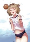  artist_name bangs bread bread_eating_race brown_hair buruma closed_eyes cloud cloudy_sky commentary cowboy_shot day flying_sweatdrops food gym_uniform hair_intakes hair_up hands_up idolmaster idolmaster_cinderella_girls jumping meto31 midriff mole mole_under_eye name_tag navel open_mouth outdoors ponytail shirt short_hair short_ponytail short_sleeves signature sky solo string sweat sweatdrop takagaki_kaede teeth thighs underwear 