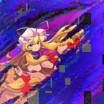 1girl blonde_hair bow chinese_commentary commentary_request dress folded_fan folding_fan gap_(touhou) grin hair_bow hand_fan hat hat_ribbon highres holding holding_fan long_hair looking_at_viewer mob_cap orange_eyes purple_tabard red_bow red_ribbon ribbon smile solo tabard touhou upper_body very_long_hair white_dress white_hat yakumo_yukari yingtao_wei_de_gugugu 