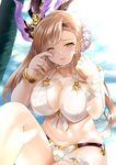  asymmetrical_bangs bangs bikini blush braid breasts brown_eyes brown_hair chi_gura-ya collarbone commentary flower granblue_fantasy green_eyes hair_flower hair_ornament head_tilt head_wings highres large_breasts long_hair looking_at_viewer navel one_eye_closed parted_lips smile solo song_(granblue_fantasy) swimsuit twitter_username upper_body white_background white_bikini_top 