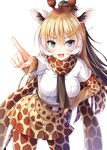  :d akashio_(loli_ace) animal_ears bangs blonde_hair blue_eyes breast_pocket breasts brown_hair commentary doyagao eyebrows_visible_through_hair giraffe_ears giraffe_print giraffe_tail gradient_hair hair_between_eyes hand_on_hip high-waist_skirt highres kemono_friends leaning_forward long_hair long_sleeves looking_at_viewer medium_breasts multicolored multicolored_clothes multicolored_hair multicolored_legwear open_mouth pantyhose pleated_skirt pocket pointing pointing_at_viewer ponytail reticulated_giraffe_(kemono_friends) sidelocks simple_background skirt smile solo v-shaped_eyebrows white_background white_hair 