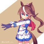  1girl animal_ears aqua_eyes ascot asymmetrical_gloves blush brown_background brown_hair capelet closed_mouth commentary_request cowboy_shot epaulettes gloves hair_between_eyes hair_ribbon highres horse_ears horse_girl long_hair long_sleeves mismatched_gloves multicolored_hair pink_ascot pink_ribbon ponytail putting_on_gloves red_capelet ribbon simple_background single_epaulette smile solo split_mouth streaked_hair tokai_teio_(peak_joy)_(umamusume) tokai_teio_(umamusume) twitter_username two-tone_hair two-tone_shirt two-tone_skirt umamusume v-shaped_eyebrows white_hair wreath_(a1b2c3d45) 