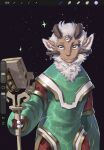  1girl :3 animal_ears art_program_in_frame chinese_commentary commentary_request fewer_digits furry furry_female goat_ears goat_girl goat_horns green_robe highres holding holding_staff horizontal_pupils horns no_mask outer_wilds robe shiii9464 short_hair sky solanum_(outer_wilds) solo staff star_(sky) starry_sky third_eye upper_body white_hair 