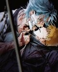  2boys arrancar black_background black_robe bleach blood blood_on_body blood_on_face blue_hair cardio_y clenched_teeth clothes_grab commentary_request grimmjow_jaegerjaquez highres korean_commentary kurosaki_ichigo looking_at_another looking_to_the_side male_focus multiple_boys open_mouth orange_eyes orange_hair robe short_hair teeth 