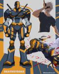  1boy armor armored_boots artist_name bandolier batm_andrew beard belt blood blood_splatter blue_eyes boots character_name dc_comics deathstroke eyepatch facial_hair full_armor fushiguro_toji gauntlets gloves gun helmet highres holding holding_gun holding_sword holding_weapon jujutsu_kaisen levi_(shingeki_no_kyojin) male_focus multiple_views muscular muscular_male open_mouth scene_reference shingeki_no_kyojin short_sleeves shoulder_armor superhero_costume sword sword_on_back tight_clothes weapon weapon_on_back 