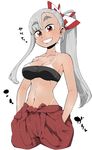  bandeau blush breasts collarbone cropped_legs fujiwara_no_mokou grey_hair grin groin hair_ornament hair_ribbon hands_in_pockets head_tilt highres large_breasts looking_at_viewer navel open_mouth ponytail red_eyes ribbon simple_background smile solo strapless takeu tan tanline tied_jumpsuit touhou translated white_background 