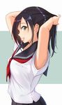  armpit_peek arms_up black_hair blouse breasts closed_mouth commentary_request from_side green_eyes hair_tie hair_tie_in_mouth highres itachi_kanade long_hair medium_breasts mouth_hold neckerchief original outside_border pleated_skirt profile red_neckwear school_uniform serafuku short_sleeves simple_background skirt solo tying_hair uniform up_sleeve white_blouse 