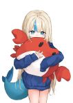  1girl absurdres ahoge alternate_costume blonde_hair blue_eyes blue_hoodie blue_streaks commentary_request covered_mouth cowboy_shot crab double-parted_bangs english_commentary fins fish_girl fish_tail g_da hair_intakes hands_up highres holding holding_stuffed_toy hood hood_down hoodie hugging_doll hugging_object indie_virtual_youtuber kaniki_(sameko_saba) long_hair looking_down loose_hair_strand multicolored_hair one_side_up sameko_saba sidelocks simple_background single_sleeve_past_fingers single_sleeve_past_wrist solo standing streaked_hair stuffed_animal stuffed_toy tail two-tone_hair very_long_hair virtual_youtuber white_background 