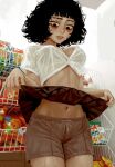  1girl absurdres bags_under_eyes black_eyes black_hair blunt_bangs blush bow_shorts breasts brown_shorts brown_skirt buttons casato clothes_lift commentary convenience_store cowboy_shot crop_top curly_hair ellie_(casato) english_commentary from_below highres indoors linea_alba looking_down midriff navel no_bra original painterly parted_lips pleated_skirt see-through_clothes see-through_shirt shirt shop short_sleeves shorts skirt skirt_lift solo sweat underwear white_shirt 