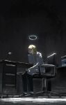  1girl absurdres artist_name asteroid_ill black_background black_pants black_shoes blonde_hair chair coat commentary desk desk_lamp english_text full_body hair_between_eyes halo highres id_card iris_(asteroid_ill) lab_coat lamp leaning_on_table long_hair looking_at_viewer office_chair original pants red_eyes shoes simple_background sitting socks solo swivel_chair tile_floor tiles untranslatable_commentary watermark white_coat white_socks 