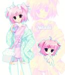  1girl 2000s_(style) :o ahoge alternate_costume aqua_outline bag bare_arms bare_legs blush book bow bow_legwear bra_strap cardigan character_name chibi chibi_inset choker clothes_writing cocked_eyebrow commentary cowboy_shot cup cupcake disposable_cup doki_doki_literature_club drinking_straw english_text eyes_visible_through_hair fang faux_retro_artstyle flat_chest food food-themed_bag food_print frilled_skirt frills green_cardigan hair_bow hair_ribbon hand_on_own_hip hand_up highres holding holding_book holding_cup holding_food jelly_(bonnybel) jewelry long_sleeves looking_at_viewer miniskirt natsuki_(doki_doki_literature_club) necklace official_alternate_costume open_book open_mouth outline pearl_necklace pink_bow pink_choker pink_eyes pink_hair pink_ribbon pink_shirt pink_skirt pink_tank_top polka_dot polka_dot_bow polka_dot_cardigan polka_dot_shirt puffy_long_sleeves puffy_sleeves purple_shorts raised_eyebrow red_ribbon ribbon shirt short_hair short_shorts shorts shoulder_bag simple_background skin_fang skirt sleeves_past_fingers sleeves_past_wrists standing straight-on swept_bangs tank_top tareme thighhighs two-tone_camisole two-tone_shirt two_side_up v-shaped_eyebrows white_background white_bow white_cardigan white_shirt white_thighhighs zoom_layer 