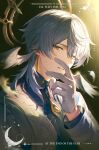  1boy absurdres blue_pupils blurry chromatic_aberration commentary_request depth_of_field earrings english_text falling_feathers feathered_wings feathers glint gloves gold_earrings grey_hair grey_jacket hair_between_eyes halo halo_behind_head hand_on_own_face hand_up head_wings high_collar highres honkai:_star_rail honkai_(series) isobe47 jacket jewelry korean_commentary long_sleeves looking_at_viewer male_focus medium_hair parted_lips piercing purple_shirt shirt solo sunday_(honkai:_star_rail) sunday_(sacerdos'_relived_ordeal)_(honkai:_star_rail) tearing_up thorn_print upper_body white_feathers white_gloves white_wings wing_piercing wings yellow_eyes 