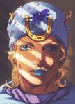  1boy beanie blonde_hair blue_eyes blue_lips blue_shirt collar commentary_request grey_background hat horse horseshoe horseshoe_ornament johnny_joestar jojo_no_kimyou_na_bouken long_hair looking_at_viewer male_focus partially_shaded_face purple_collar scar scar_on_cheek scar_on_face shirt simple_background solo star_(symbol) star_print steel_ball_run void_art01 