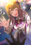 1girl 1other :d ^_^ absurdres blue_bow blue_bowtie blurry blurry_foreground bow bowtie breasts brown_hair closed_eyes coat confetti facing_viewer hair_bow hand_up highres idolmaster idolmaster_million_live! idolmaster_million_live!_theater_days leaning_forward long_hair long_sleeves miyao_miya official_alternate_costume open_mouth red_bow red_bowtie smile solo_focus standing starting_bloom_(idolmaster) striped_bow striped_bowtie striped_clothes takanome_kiriri thick_eyebrows two-tone_bow two-tone_bowtie waving white_coat 