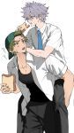  2boys ? ?? absurdres backwards_hat baseball_cap black_pants blue_necktie bread bread_slice brown_eyes carrying collarbone commentary_request dao8_33 dress_shirt earrings eating food green_hair grey_hair hat highres holding_bread jewelry kanzaki_kaoru korean_commentary looking_at_another male_focus multiple_boys necktie open_clothes open_shirt pants pectorals phantom_busters piggyback shirt short_hair short_sleeves simple_background tamon_kotarou white_background white_shirt 