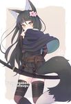  animal_ears bangs belt black_hair black_legwear blunt_bangs blush capelet character_name flower fox_ears fox_tail hair_between_eyes hair_flower hair_ornament highres katana kitsunegasaki_tametsugu_(tenka_hyakken) long_hair looking_at_viewer looking_back misoradeko pleated_skirt sheath sheathed skirt solo sword tail tenka_hyakken thighhighs very_long_hair weapon yellow_eyes 