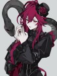 1boy aegyo_sal androgynous bell_sleeves black_bow black_bowtie black_hat black_nails black_shirt bow bowtie commentary_request ensemble_stars! fingernails flower frilled_shirt frills grey_background hair_between_eyes hat hat_flower highres jewelry juliet_sleeves lipstick long_fingernails long_hair long_sleeves looking_at_hands madoka_nozomi makeup male_focus mini_hat mini_top_hat nail_art pale_skin pink_eyes puffy_sleeves purple_flower purple_hair purple_lips purple_rose qi_(fish_s_1) ring rose sharp_fingernails shirt side_ponytail simple_background snake solo top_hat upper_body 