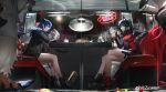 1boy 4girls absurdres animal_ears arknights black_coat black_hair black_jacket blue_eyes blue_hair booth_seating boots burger coat commentary crossed_legs cup diner disposable_cup eating elbows_on_table emperor_(arknights) exusiai_(arknights) fast_food fek_zin food food_wrapper french_fries from_below from_side gloves grey_eyes grey_hair hanging_light highres holding holding_behind_back holding_burger holding_cup holding_food holding_sword holding_sword_behind_back holding_weapon holding_weapon_behind_back horns jacket lappland_(arknights) long_sleeves mostima_(arknights) multiple_girls necktie red_gloves red_shirt restaurant shirt sign sitting sleeves_past_wrists sword table texas_(arknights) texas_(willpower)_(arknights) tile_floor tiles untranslatable_commentary watch weapon window window_blinds 