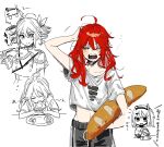  2girls a.i._voice adachi_rei ahoge annoyed baguette black_shorts bread bread_slice closed_eyes commentary_request drill_hair eating fangs food hair_down highres iwashi_(wawaisi_iwasi) jitome kasane_teto kasane_teto_(sv) long_hair midriff multiple_girls multiple_views open_mouth partially_colored plate red_hair shirt short_hair short_sleeves shorts sketch solo_focus squeans synthesizer_v table toast translation_request twin_drills utau white_shirt yawning 