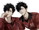  1boy black_collar black_hair black_shirt brown_eyes closed_mouth collar collared_shirt haikyuu!! hand_on_own_chin highres jacket kuroo_tetsurou looking_at_viewer male_focus multiple_views nekoma_volleyball_uniform red_jacket red_shirt shirt short_hair simple_background sportswear sso_s track_jacket undershirt upper_body volleyball_uniform white_background 