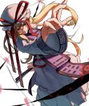  1girl absurdres ametonalu blonde_hair closed_mouth commentary_request dress folded_fan folding_fan frilled_dress frills gap_(touhou) hand_fan hat hat_ribbon highres holding holding_fan long_hair long_sleeves looking_at_viewer mob_cap purple_tabard red_eyes red_ribbon ribbon simple_background solo tabard touhou very_long_hair white_background white_dress white_hat wide_sleeves yakumo_yukari 