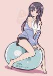  1girl ball bare_arms bare_legs bare_shoulders barefoot black_hair black_shorts blue_hoodie blush boku_no_kokoro_no_yabai_yatsu breasts collarbone commentary_request exercise_ball highres hood hoodie hoodie_partially_removed large_breasts long_hair looking_at_viewer oisiso on_ball open_mouth pink_background shirt short_shorts shorts signature simple_background sitting sitting_on_ball solo sweat sweatdrop tank_top twitter_username watermark white_shirt yamada_anna 