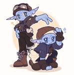  2others :3 alien androgynous black_pants blue_eyes blue_sclera blue_skin boots brown_boots brown_gloves brown_hat brown_jacket brown_pants chibi chibi_only chinese_commentary colored_sclera colored_skin commentary_request earrings extra_eyes fewer_digits fingerless_gloves full_body gloves goggles goggles_on_headwear gudexiaohao hand_on_headwear hat hatchling_(outer_wilds) hearthian highres jacket jewelry looking_at_viewer multiple_others newsboy_cap notched_ear on_one_knee original other_focus outer_wilds pants patch pointy_ears pouch simple_background single_earring smile standing yellow_sclera 
