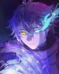  1boy ahblue antenna_hair artist_name blue_background blue_eyes blue_fire chromatic_aberration closed_mouth commentary crossed_bangs empty_eyes english_commentary expressionless eyelashes fire flins_(genshin_impact) genshin_impact gloves glowing glowing_eye hair_between_eyes hand_up heterochromia highres holding holding_lantern jacket lantern long_hair long_sleeves looking_at_viewer male_focus purple_gloves purple_hair purple_jacket simple_background solo sparkle upper_body yellow_eyes 